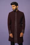 YOSEBA_Wine Achkan Stretchable Premium Suiting Embroidered Panelled With Trouser _at_Aza_Fashions