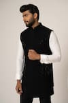 YOSEBA_Black Stretchable Embroidered Pintucks Grease Detailed Nehru Jacket _Online_at_Aza_Fashions