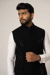 Shop_YOSEBA_Black Stretchable Embroidered Pintucks Grease Detailed Nehru Jacket _Online_at_Aza_Fashions