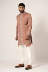 Buy_YOSEBA_Pink Achkan Linen Satin Embroidered Floral Placement Asymmetric With Pyjama _at_Aza_Fashions