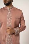 Shop_YOSEBA_Pink Achkan Linen Satin Embroidered Floral Placement Asymmetric With Pyjama _Online_at_Aza_Fashions