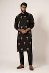 Buy_YOSEBA_Black Kurta Linen Satin Embroidered Thread Tropical Tree With Trouser _at_Aza_Fashions