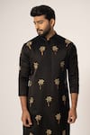 Shop_YOSEBA_Black Kurta Linen Satin Embroidered Thread Tropical Tree With Trouser _Online_at_Aza_Fashions