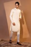 Buy_YOSEBA_Ivory Kurta Linen Satin Embroidered French Knot Shvet Resham And Pant Set _Online_at_Aza_Fashions