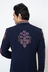 YOSEBA_Blue Stretchable Premium Suiting Fabric Embroidered French Leaf Motif Achkan Set _Online_at_Aza_Fashions