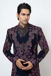 Buy_YOSEBA_Blue Stretchable Premium Suiting Fabric Embroidered French Leaf Motif Achkan Set 