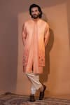 Buy_YOSEBA_Peach Nehru Jacket And Kurta Bam Silk Earthy Floral & Moti Work Set _at_Aza_Fashions