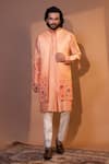 Shop_YOSEBA_Peach Nehru Jacket And Kurta Bam Silk Earthy Floral & Moti Work Set _at_Aza_Fashions