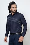 YOSEBA_Blue Premium Cotton Embroidered Cutdana Button Down Shirt _Online_at_Aza_Fashions