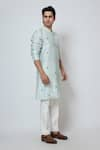 YOSEBA_Blue Kurta Bam Silk Embroidery Butti Seafoam Serenity With Pant _Online_at_Aza_Fashions