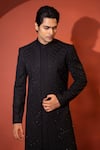 Shop_YOSEBA_Black Premium Suiting Embroidery Thread Double Panel Achkan With Trouser _Online_at_Aza_Fashions