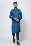 Buy_YOSEBA_Blue Linen Satin Embroidery Geometric Nuance Nehru Jacket Kurta Set _at_Aza_Fashions