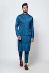 YOSEBA_Blue Linen Satin Embroidery Geometric Nuance Nehru Jacket Kurta Set _Online_at_Aza_Fashions