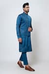 Buy_YOSEBA_Blue Linen Satin Embroidery Geometric Nuance Nehru Jacket Kurta Set _Online_at_Aza_Fashions