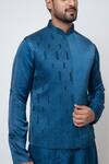 YOSEBA_Blue Linen Satin Embroidery Geometric Nuance Nehru Jacket Kurta Set _at_Aza_Fashions