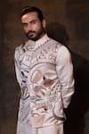 Shop_YOSEBA_Grey Linen Satin Embroidery Abstract Weathered Wood Nehru Jacket Kurta Set _at_Aza_Fashions