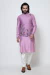 Buy_YOSEBA_Purple Bam Silk Embroidery Falling Leaves Nehru Jacket Kurta Set _at_Aza_Fashions