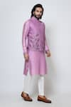 YOSEBA_Purple Bam Silk Embroidery Falling Leaves Nehru Jacket Kurta Set _Online_at_Aza_Fashions