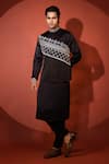 Shop_YOSEBA_Black Linen Satin Embroidery Abstract Nehru Jacket Kurta Set _Online_at_Aza_Fashions