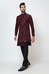 YOSEBA_Wine Achkan Stretchable Premium Suiting Embroidery Folded Collar With Trouser _Online_at_Aza_Fashions