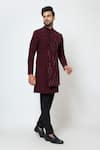 Buy_YOSEBA_Wine Achkan Stretchable Premium Suiting Embroidery Folded Collar With Trouser _Online_at_Aza_Fashions