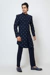 YOSEBA_Blue Achkan Stretchable Premium Suiting Embroidery Star Motif With Trouser _Online_at_Aza_Fashions