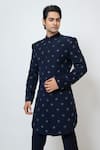 YOSEBA_Blue Achkan Stretchable Premium Suiting Embroidery Star Motif With Trouser _at_Aza_Fashions