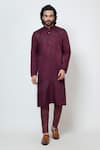 YOSEBA_Wine Kurta Linen Satin Embroidery French Knots With Pant _Online_at_Aza_Fashions