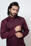 YOSEBA_Wine Kurta Linen Satin Embroidery French Knots With Pant _at_Aza_Fashions