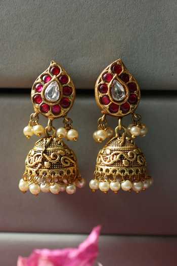 Shop_Do Taara_Gold Plated Kundan Paisley Embellished Jhumkas _at_Aza_Fashions