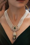 Shop_Do Taara_Green Polki Embellished Floral Pearl Necklace _Online_at_Aza_Fashions