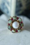 Shop_Do Taara_Red Pearl Garnet Stone Embellished Floral Ring _at_Aza_Fashions