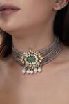 Do Taara_Green Stone Polki Embellished Pendant Choker Set _Online_at_Aza_Fashions