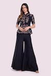 Buy_Onaya_Black Silk Embroidered Cutdana Mandarin Floral Peplum Kurta With Flared Pant _at_Aza_Fashions