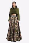 Buy_Onaya_Green Satin Embroidered Cheed Shirt Collar Floral Lehenga Crop Top Set _at_Aza_Fashions