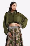 Onaya_Green Satin Embroidered Cheed Shirt Collar Floral Lehenga Crop Top Set _Online_at_Aza_Fashions