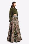 Shop_Onaya_Green Satin Embroidered Cheed Shirt Collar Floral Lehenga Crop Top Set _Online_at_Aza_Fashions