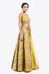 Onaya_Yellow Organza Embellished Cheed Plunge V-neck Floral Cutdana Lehenga Set _Online_at_Aza_Fashions