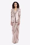 Buy_Onaya_Grey Crepe Embroidered Bead Blazer Lapel Tasselled Border Saree Set With Floral _at_Aza_Fashions