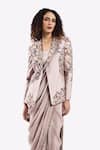 Shop_Onaya_Grey Crepe Embroidered Bead Blazer Lapel Tasselled Border Saree Set With Floral _Online_at_Aza_Fashions