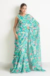 Shop_Samyukta Singhania_Blue Slime Georgette Printed Floral Round Saree Gown 