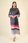 Buy_Samyukta Singhania_Black Soft Satin Silk Print Stripe Boat Neck Evening Slit Sleeve Kaftan 