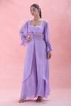 Buy_Ahi Clothing_Purple Embroidered Mirror Bustier Sweetheart Cutout Cape And Palazzo Set 