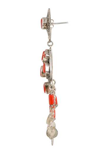 Shop_Anuka Jewels_Silver Plated Stones Bahar Coral Embellished Dangler Earrings _at_Aza_Fashions