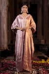 Buy_Farha Syed_Pink Kaftan Chanderi Tissue Embroidery Cutdana Scallop V Neck Zardozi Neckline _at_Aza_Fashions