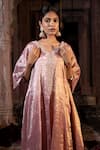 Farha Syed_Pink Kaftan Chanderi Tissue Embroidery Cutdana Scallop V Neck Zardozi Neckline _Online_at_Aza_Fashions