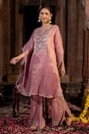 Buy_Farha Syed_Pink Chanderi Silk Tissue Embroidery Cutdana V Geometric Yoke Kaftan And Pant Set _at_Aza_Fashions