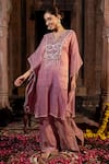 Shop_Farha Syed_Pink Chanderi Silk Tissue Embroidery Cutdana V Geometric Yoke Kaftan And Pant Set _Online_at_Aza_Fashions