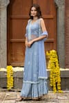 Farha Syed_Blue Kurta Organza Embroidery Cutdana Scallop V Neck Floral Skirt Set _Online_at_Aza_Fashions