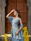 Buy_Farha Syed_Blue Kurta Chanderi Silk Tissue Embroidery Cutdana Scallop Peplum Sharara Set 